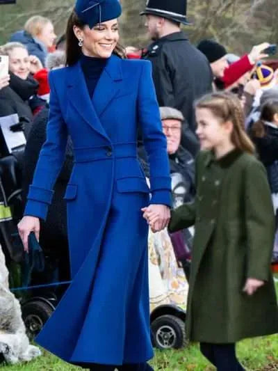 Christmas Day Service Kate Middleton Blue Trench Coat
